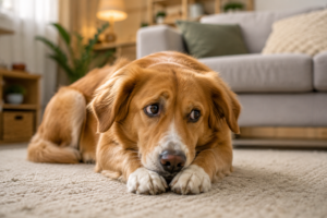 Concerned dog showing signs of stress in a calm home environment