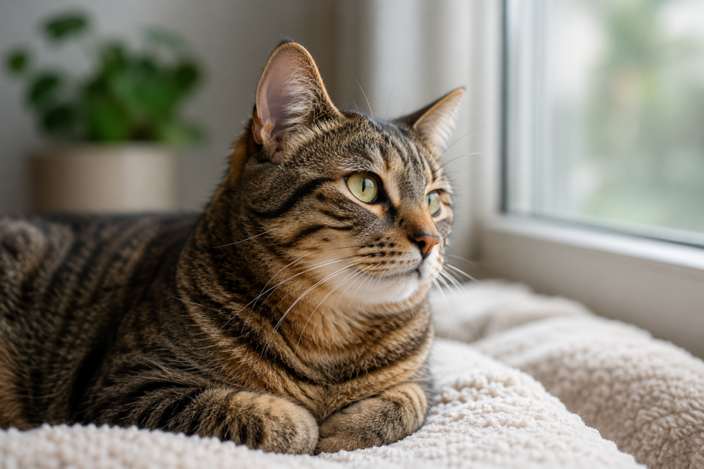 relaxed cat showing trust while resting beside its owner