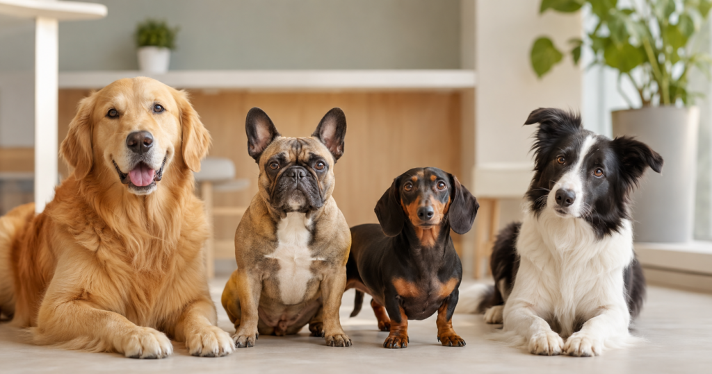 Golden Retriever, French Bulldog, Dachshund and Border Collie illustrating dog breed health risks