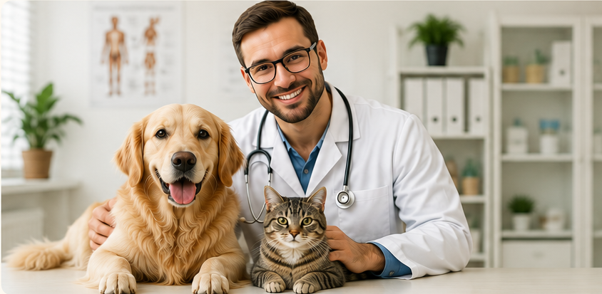 Dog and cat in a calm veterinary care setting