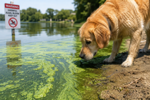 Blue-green algae and dogs: golden retriever beside pond water with green surface scum