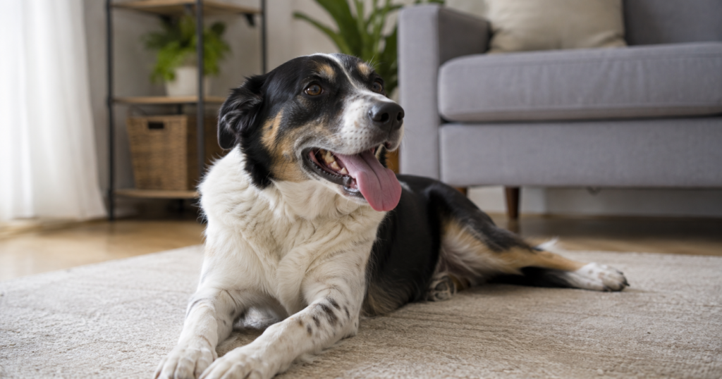 Dog panting at rest indoors when the weather is not hot