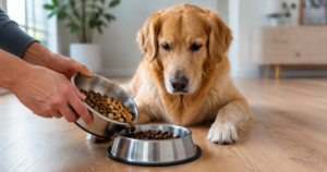 Golden Retriever watching old and new dog food being mixed for a gradual food transition