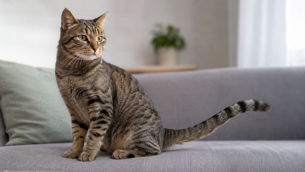 Tabby cat flicking its tail while sitting alertly on a sofa