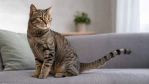 Tabby cat flicking its tail while sitting alertly on a sofa