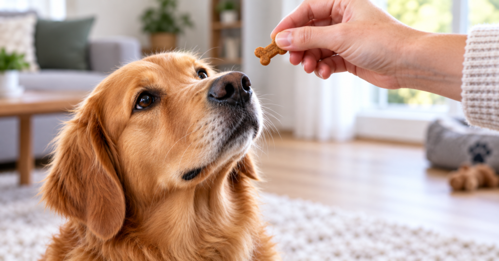 How many treats can a dog have? Golden retriever receiving a small training treat