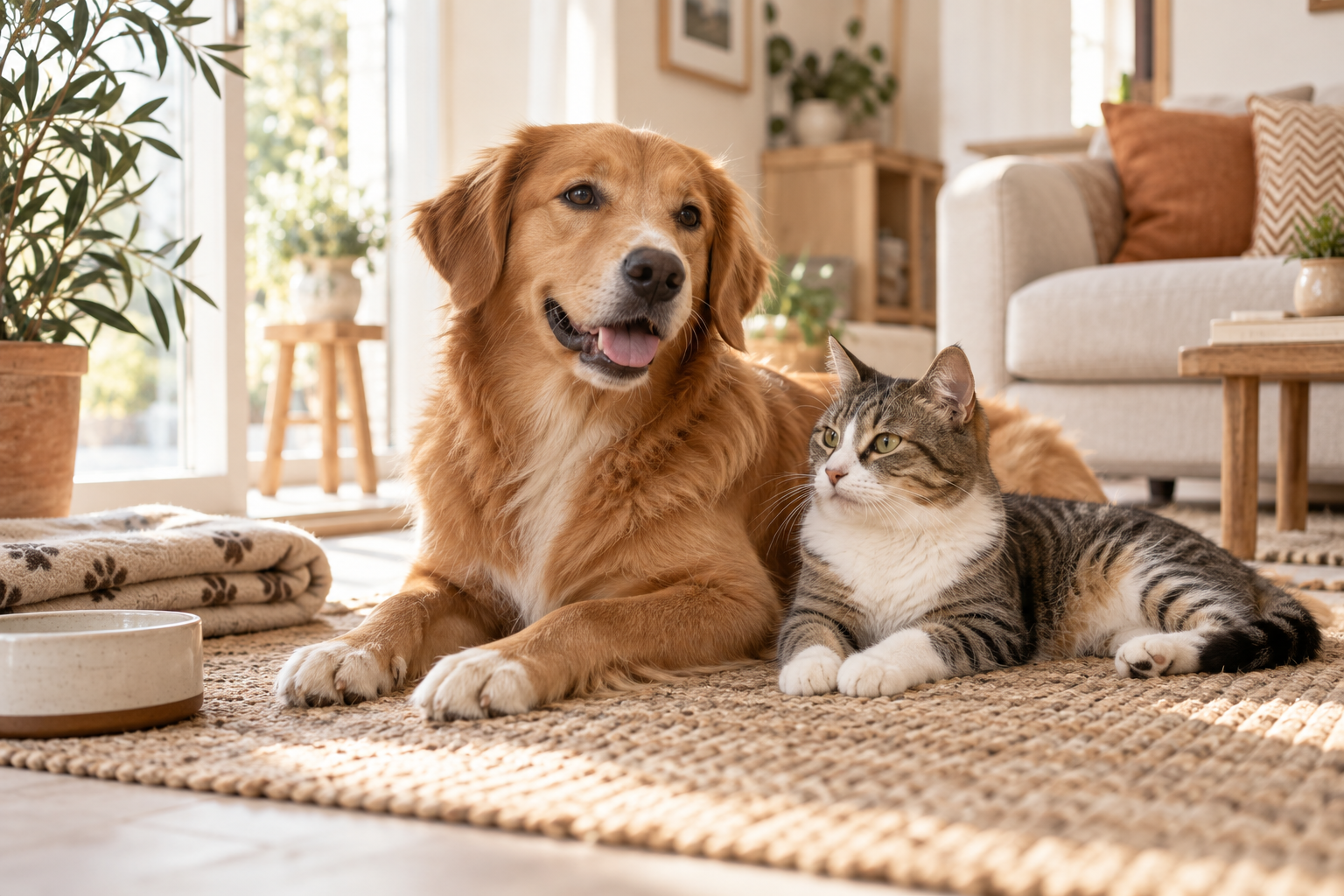 Dog and cat in a calm home setting with feeding and everyday care details