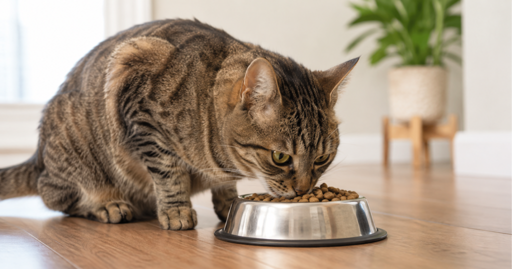 Cat eating from a food bowl while showing strong interest in food